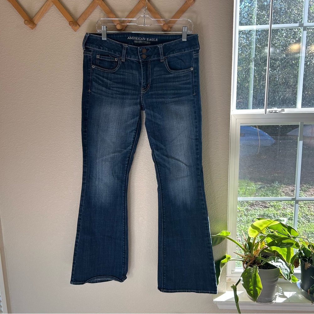 American Eagle Women Jeans 10 Low Rise Artist Flare Y2K Dark Wash Stretch BIN4